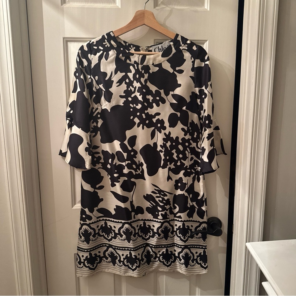 CHLOE Designer Black & White Floral Silk Shift Dress (4)